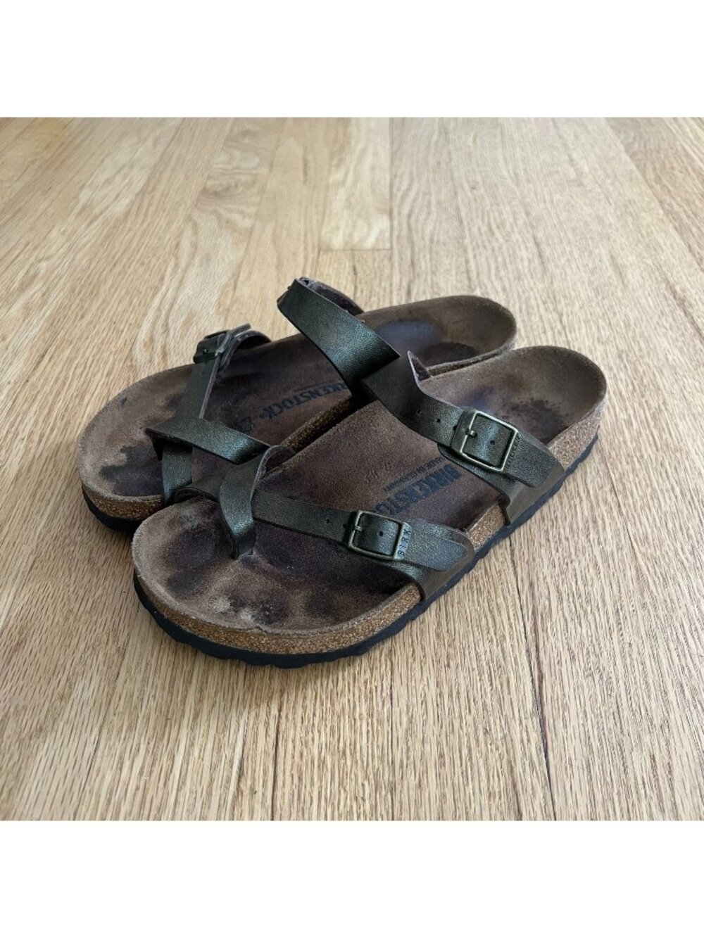 Birkenstock Mayari Gold Brown Toe Loop Slide Sandals Women's EU 38 Wide/ US 7